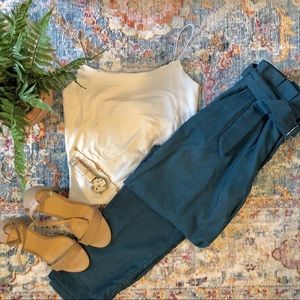 Teal Belted Wide Leg Corduroy Pants